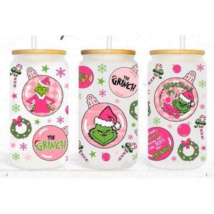 Pink Christmas Grinch  16oz Glass Libbey Can Tumbler Clear or Frosted Cup W/ Lid